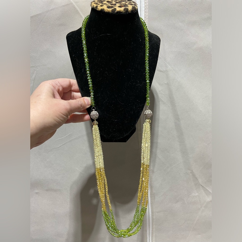 Boho Chic Multi Strand Ombré Faceted Bead Long Necklace Pave Rhinestone Ball